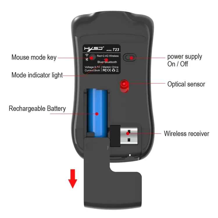 Chuột quang không dây điều chỉnh 4 phím 1600 DPI HXSJ T23 Bluetooth 5.0 + Bluetooth 3.0 + 2.4GHz ba chế độ, thiết kế công thái học, T23 màu đen