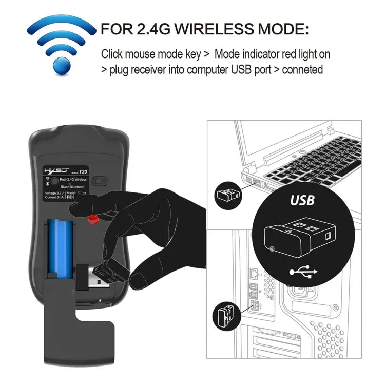 Chuột quang không dây điều chỉnh 4 phím 1600 DPI HXSJ T23 Bluetooth 5.0 + Bluetooth 3.0 + 2.4GHz ba chế độ, thiết kế công thái học, T23 màu đen