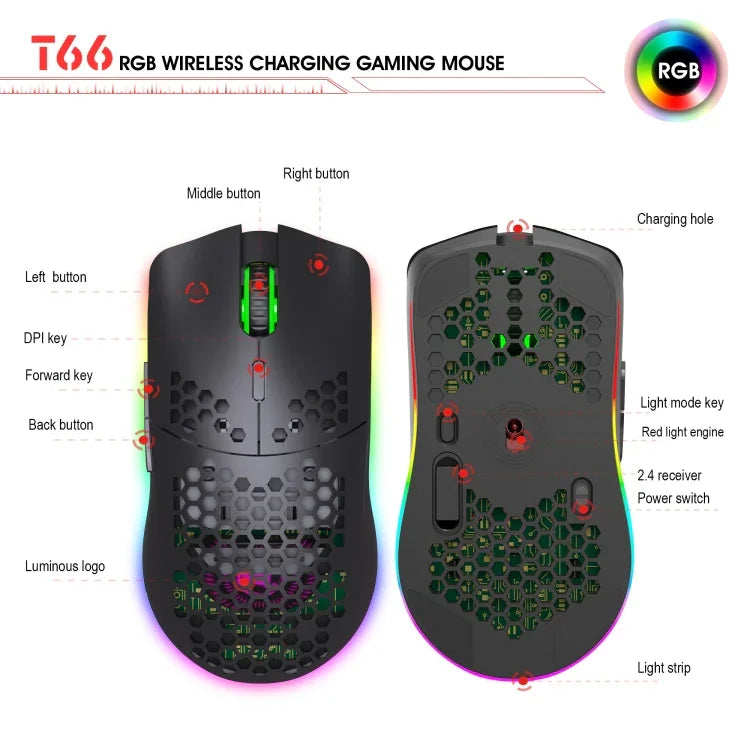 Chuột chơi game không dây có đèn màu lập trình 7 phím HXSJ T66, T66 (Trắng)