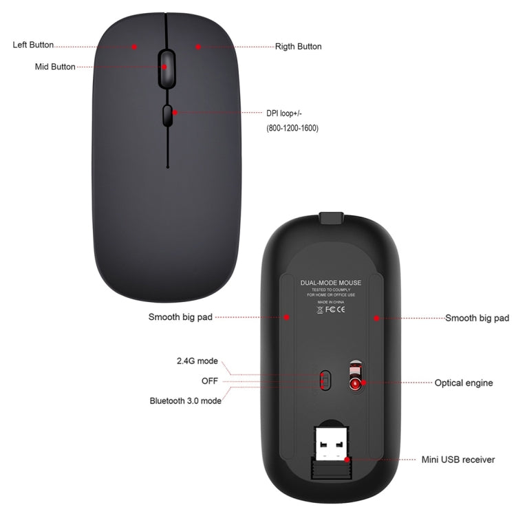 Chuột không dây Bluetooth sạc lại HXSJ M90 2.4GHz siêu mỏng, im lặng, chế độ kép cho laptop