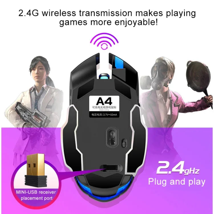 Chuột chơi game không dây sạc lại YINDIAO A4 2.4GHz 1600DPI, 3 chế độ điều chỉnh, im lặng, màu xám bạc và đen bạc