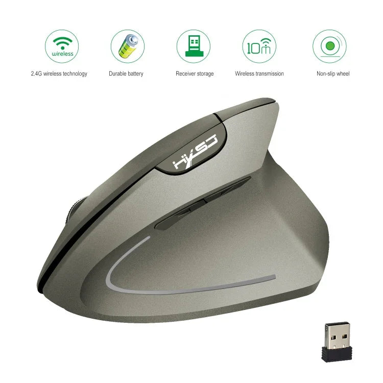 Chuột dọc không dây công thái học HXSJ T24 2.4G 2400 DPI với 6 nút và đầu thu USB, màu đen và xám