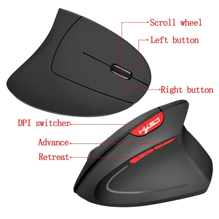 Chuột dọc không dây công thái học HXSJ T24 2.4G 2400 DPI với 6 nút và đầu thu USB, màu đen và xám