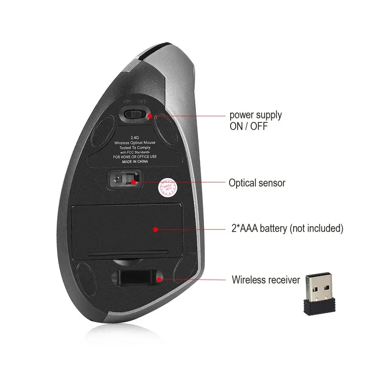 Chuột dọc không dây công thái học HXSJ T24 2.4G 2400 DPI với 6 nút và đầu thu USB, màu đen và xám