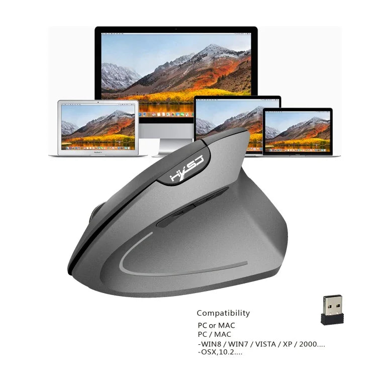 Chuột dọc không dây công thái học HXSJ T24 2.4G 2400 DPI với 6 nút và đầu thu USB, màu đen và xám