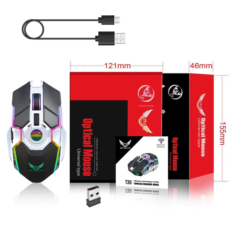 Chuột quang không dây ZERODATE T30 2.4GHz 2400DPI, đèn nền RGB điều chỉnh 3 tốc độ, màu trắng