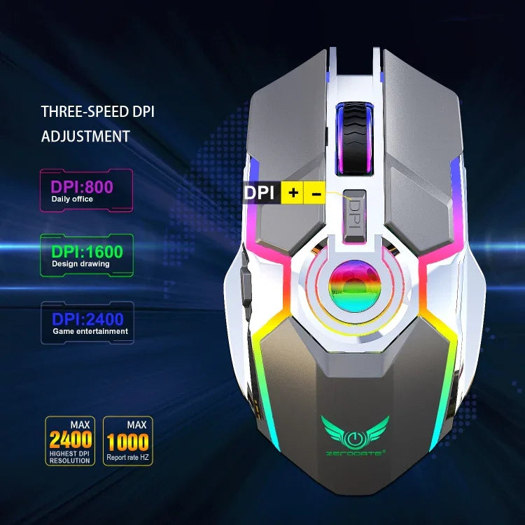 Chuột quang không dây ZERODATE T30 2.4GHz 2400DPI, đèn nền RGB điều chỉnh 3 tốc độ, màu trắng