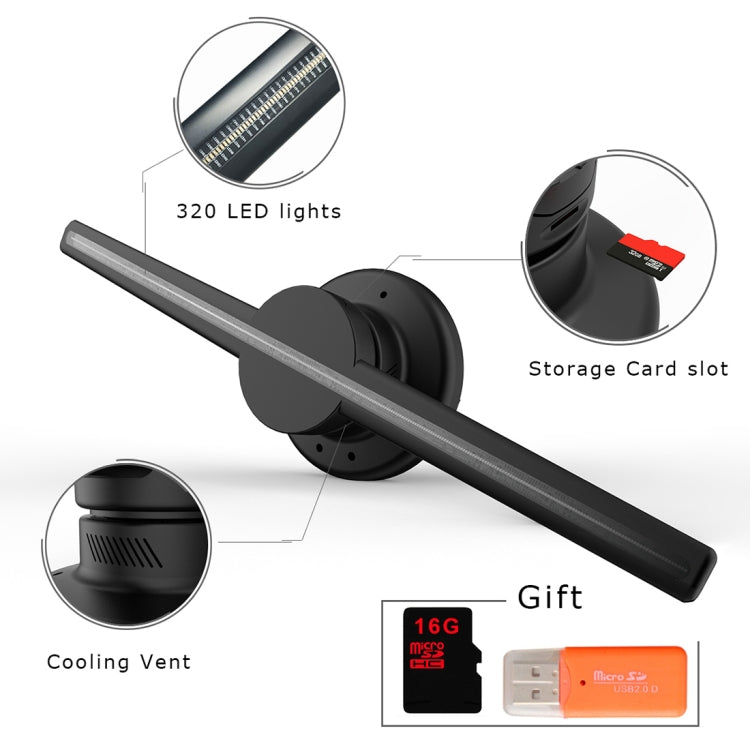 Màn hình 3D holographic đường kính 42cm, điều khiển qua ứng dụng Wifi, độ phân giải 640 x 640 pixel, bảng đèn LED 320 bóng, hỗ trợ thẻ Micro SD, Wifi 42cm