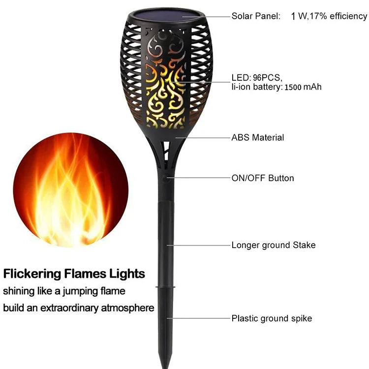 Đèn lửa năng lượng mặt trời 96 LED ngoài trời cho sân vườn, Đèn cỏ, Đèn cảnh quan dạng đuốc