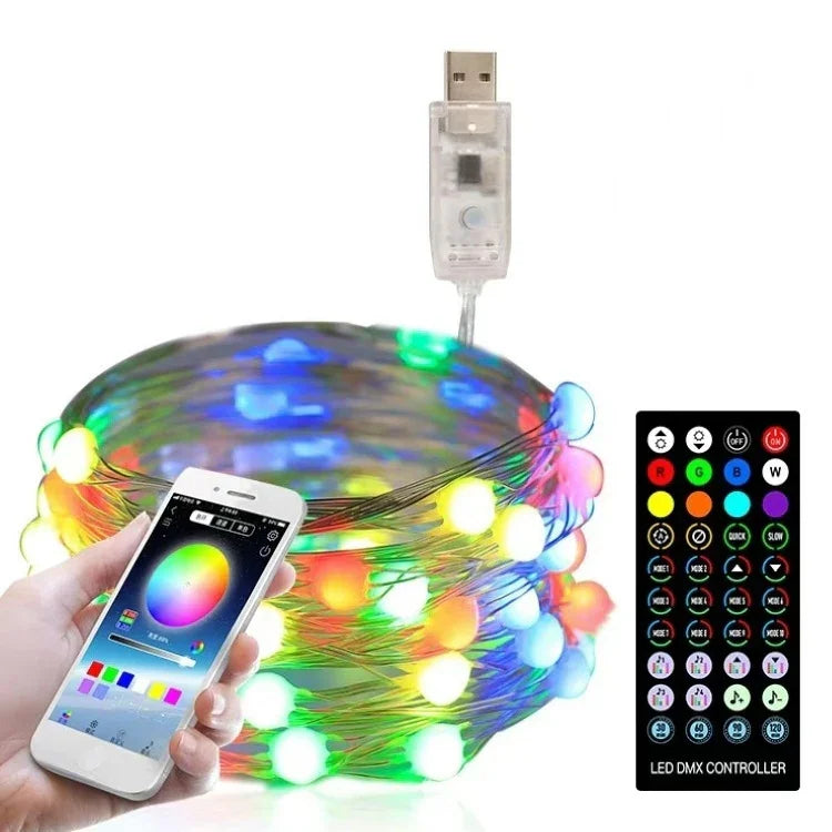 Đèn dây đồng trang trí Giáng Sinh USB có điều khiển từ xa & điều khiển qua ứng dụng Bluetooth, dài 5m 50 bóng LED, điều khiển từ xa & ứng dụng, dài 5m 50 bóng LED