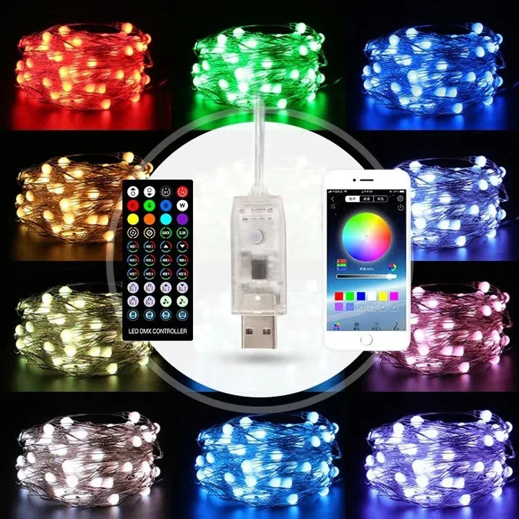 Đèn dây đồng trang trí Giáng Sinh USB có điều khiển từ xa & điều khiển qua ứng dụng Bluetooth, dài 5m 50 bóng LED, điều khiển từ xa & ứng dụng, dài 5m 50 bóng LED