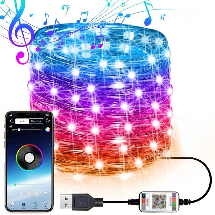 Đèn dây đồng RGB trang trí Giáng Sinh điều khiển qua ứng dụng Bluetooth, dài 10m 100 bóng LED, 10m 100 bóng LED