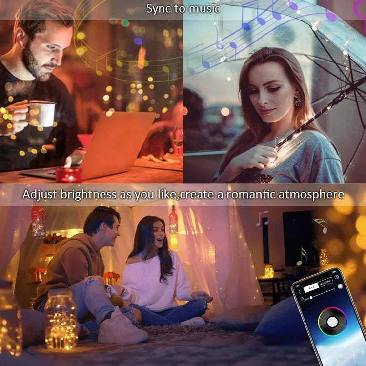 Đèn dây đồng RGB trang trí Giáng Sinh điều khiển qua ứng dụng Bluetooth, dài 10m 100 bóng LED, 10m 100 bóng LED