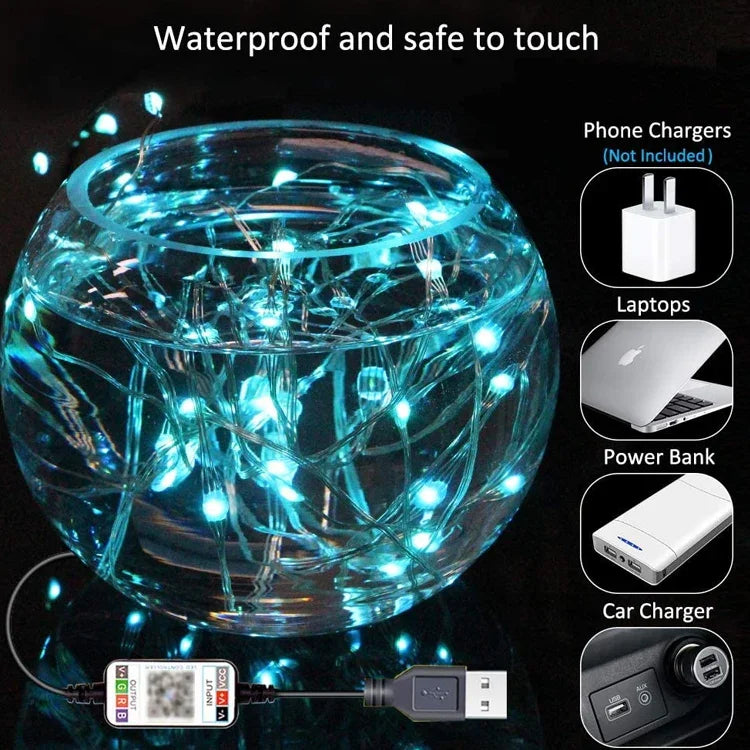 Đèn dây đồng RGB trang trí Giáng Sinh điều khiển qua ứng dụng Bluetooth, dài 10m 100 bóng LED, 10m 100 bóng LED