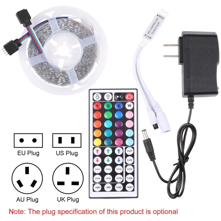Đèn dây LED RGB 2835 SMD không vỏ, 60 bóng LED/m, dài 5m, 12V 2A 100-240V, có điều khiển từ xa 44 phím, LED RGB 2835 SMD, dài 5m, có điều khiển từ xa 44 phím