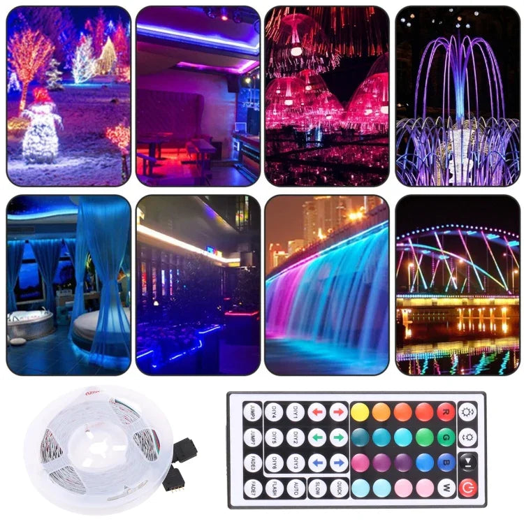 Đèn dây LED RGB 2835 SMD không vỏ, 60 bóng LED/m, dài 5m, 12V 2A 100-240V, có điều khiển từ xa 44 phím, LED RGB 2835 SMD, dài 5m, có điều khiển từ xa 44 phím