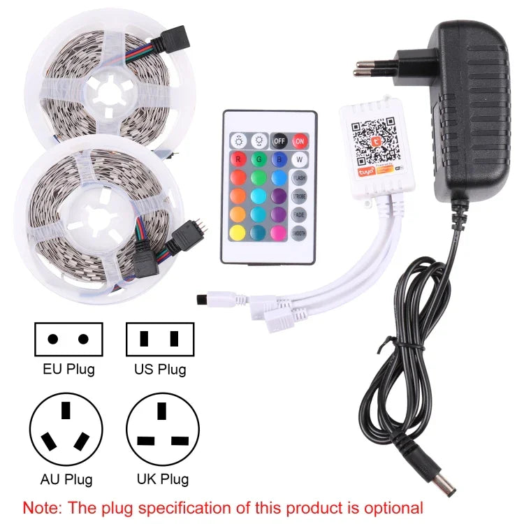 2 cái bảng mạch trần đèn LED dây 5050 SMD RGB, 30 LED/m, chiều dài: 5m, 12V 2A 100-240V, kèm bộ điều khiển vẽ 24 phím, đèn LED 5050 SMD RGB, 5m x 2