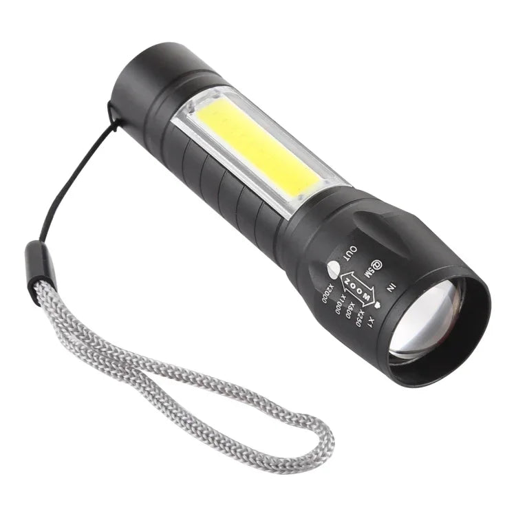 Đèn pin sạc USB A2 chống nước có thể zoom XPE + COB với 3 chế độ & hộp đựng, A2