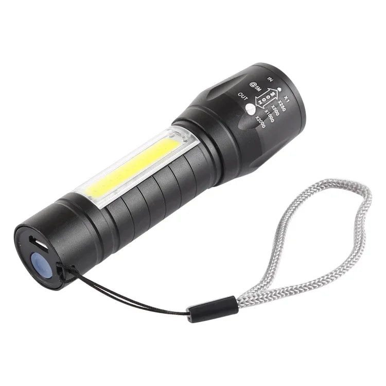 Đèn pin sạc USB A2 chống nước có thể zoom XPE + COB với 3 chế độ & hộp đựng, A2