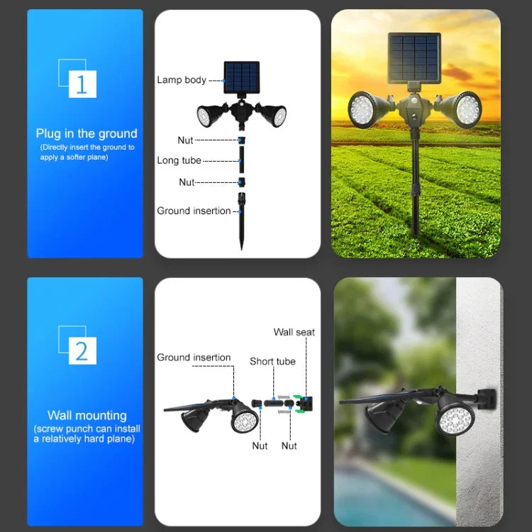 Đèn pha LED robot năng lượng mặt trời đầu đôi cảm biến thông minh cho sân cỏ ngoài trời