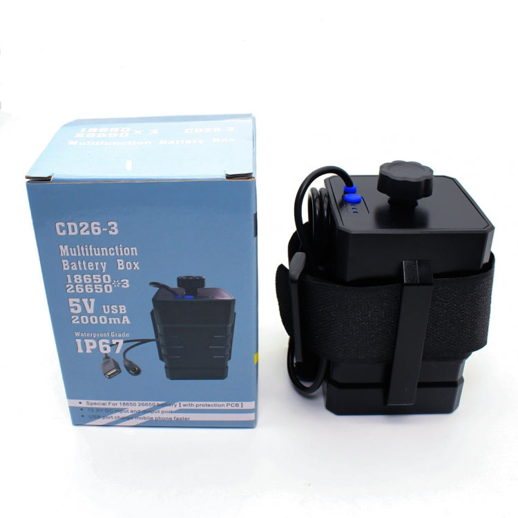Hộp pin chống nước IPX7 3 ngăn 18650/26650 với đầu tròn 12v & đầu ra USB 5v không kèm pin, 12v