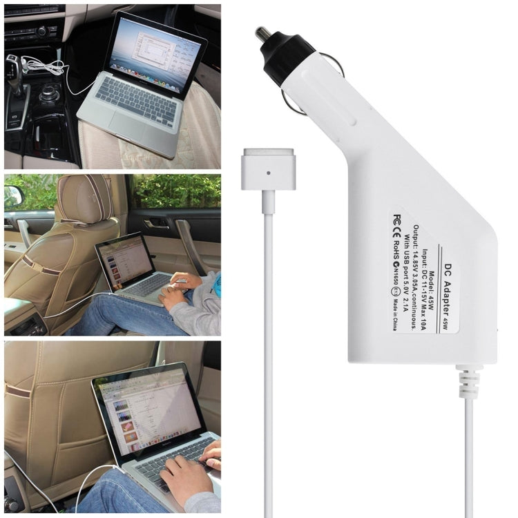 Sạc xe hơi MagSafe 2 kiểu T 5 chân 45W 14.85V 3.05A với 1 cổng USB cho Apple Macbook A1466 / A1436 / A1465 / A1435 / MD224 / MD231 / MD761 / MD711, chiều dài: 1.7m, 45W 14.85V 3.05A