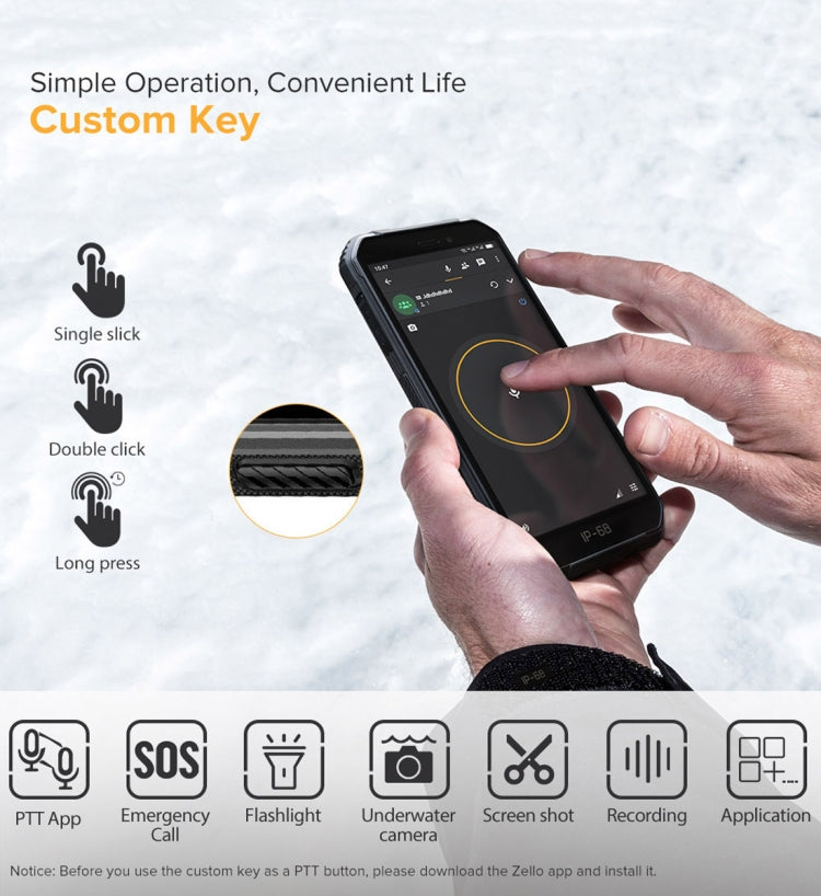 Chống nước IP68/IP69K, chống bụi, chống sốc, nhận diện khuôn mặt, pin 4000mAh, màn hình 5.0 inch Android 9.0 MTK6580A/W Quad Core lên đến 1.3GHz, Mạng: 3G, Armor X6 2GB+16GB