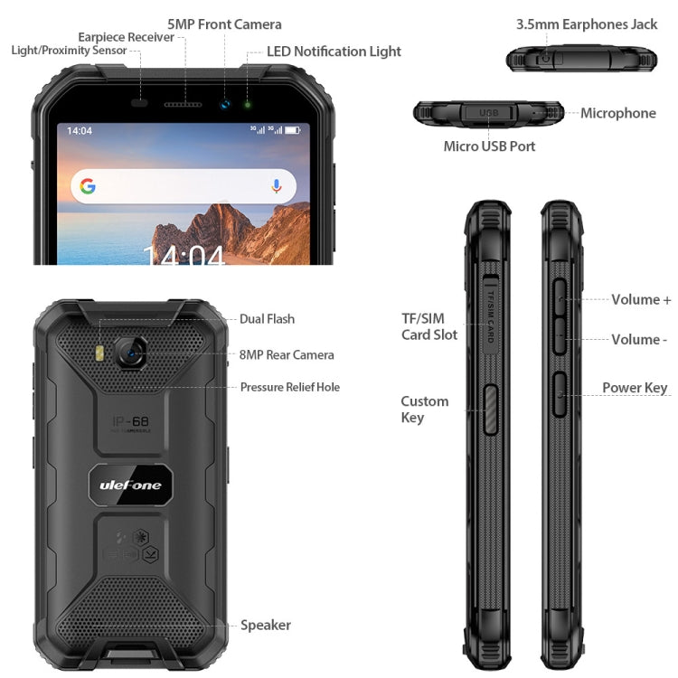 Chống nước IP68/IP69K, chống bụi, chống sốc, nhận diện khuôn mặt, pin 4000mAh, màn hình 5.0 inch Android 9.0 MTK6580A/W Quad Core lên đến 1.3GHz, Mạng: 3G, Armor X6 2GB+16GB