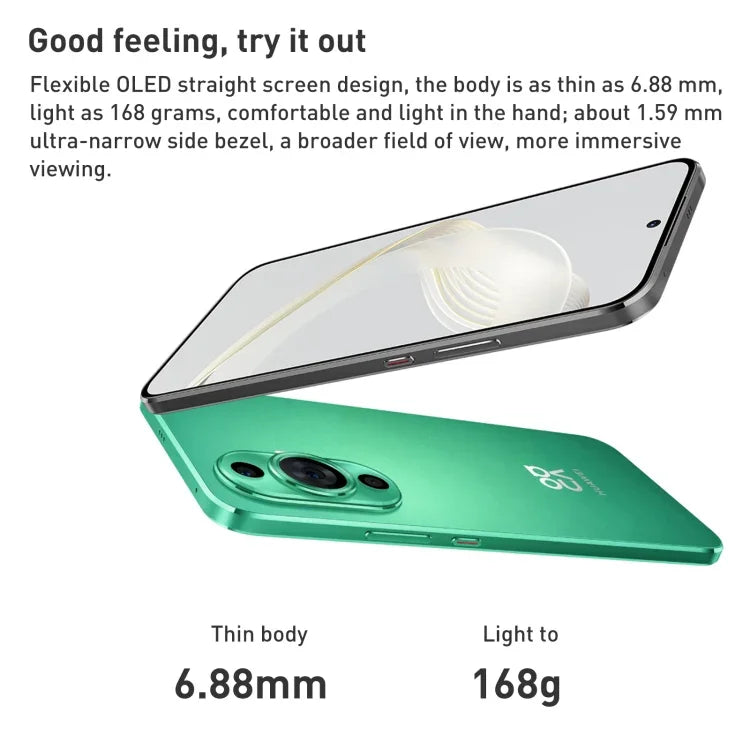 Hai camera sau, nhận diện vân tay trên màn hình, màn hình 6,7 inch HarmonyOS Qualcomm Snapdragon 778G 4G tám nhân lên đến 2,4GHz, Mạng: 4G, OTG, NFC, không hỗ trợ Google Play, nova 11 256GB
