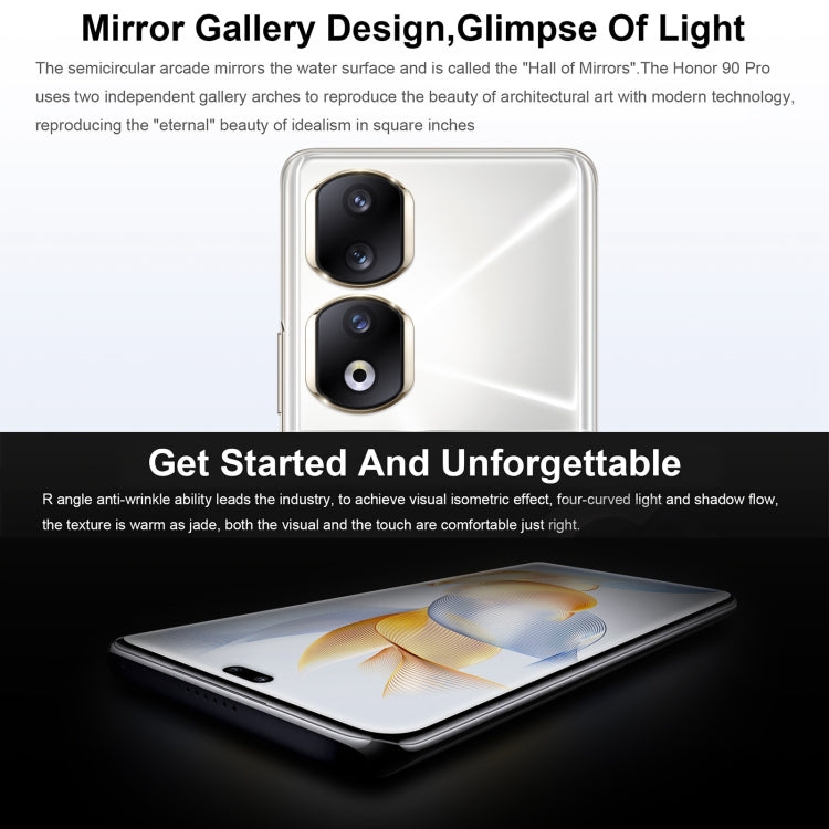 Camera ba phía sau + camera kép phía trước, nhận dạng vân tay trên màn hình, màn hình 6.78 inch Magic UI 7.1 Android 13 Qualcomm Snapdragon 8+ Gen 1 Octa Core lên đến 3.0GHz, Mạng: 5G, OTG, NFC, Không hỗ trợ Google Play, Honor 90 Pro 5G 12GB+256GB