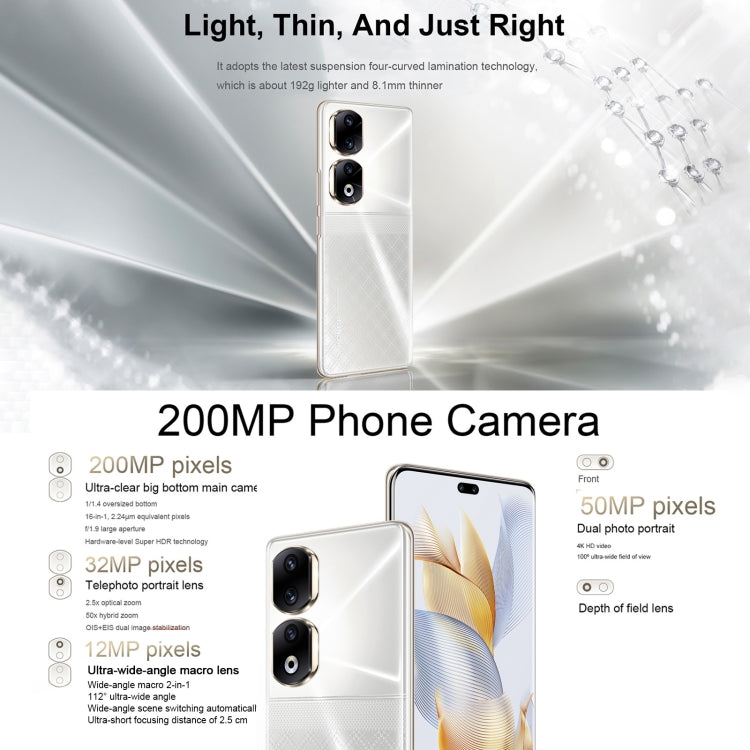 Camera ba phía sau + camera kép phía trước, nhận dạng vân tay trên màn hình, màn hình 6.78 inch Magic UI 7.1 Android 13 Qualcomm Snapdragon 8+ Gen 1 Octa Core lên đến 3.0GHz, Mạng: 5G, OTG, NFC, Không hỗ trợ Google Play, Honor 90 Pro 5G 12GB+256GB
