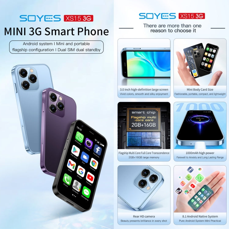 Màn hình 3.0 inch Android 8.1 MTK6580 Quad Core lên đến 1.3GHz, Bluetooth, WiFi, GPS, Mạng: 3G, Dual SIM, SOYES XS15