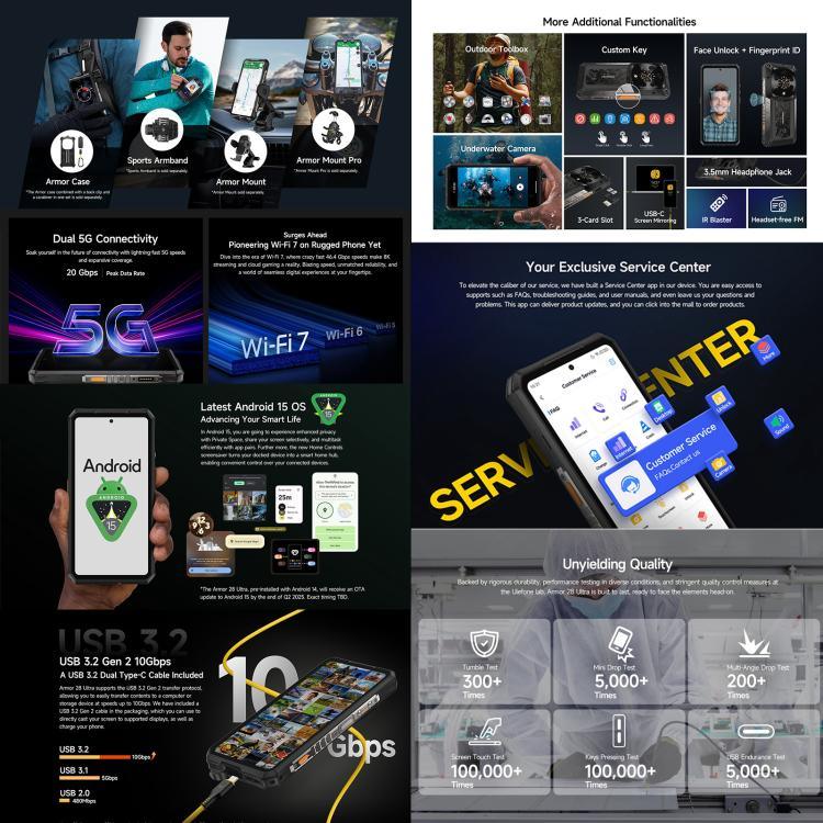 Ulefone Armor 28 Ultra Điện thoại bền, 16GB+1TB, Tầm nhìn ban đêm, 10600mAh, 6.67 inch Android 14 MediaTek Dimensity 9300+ Octa Core, Mạng: 5G, NFC, Armor 28 Ultra