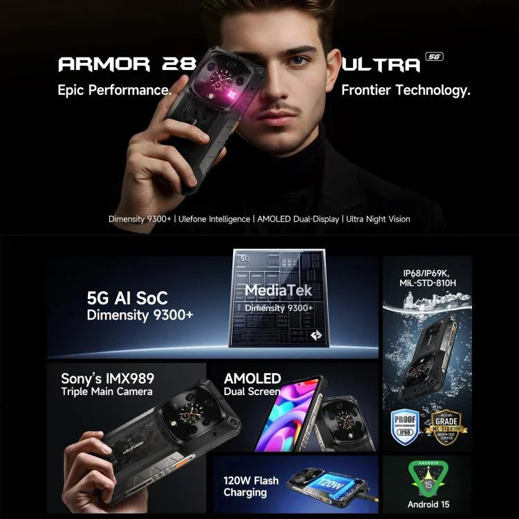 Ulefone Armor 28 Ultra Điện thoại bền, 16GB+1TB, Tầm nhìn ban đêm, 10600mAh, 6.67 inch Android 14 MediaTek Dimensity 9300+ Octa Core, Mạng: 5G, NFC, Armor 28 Ultra