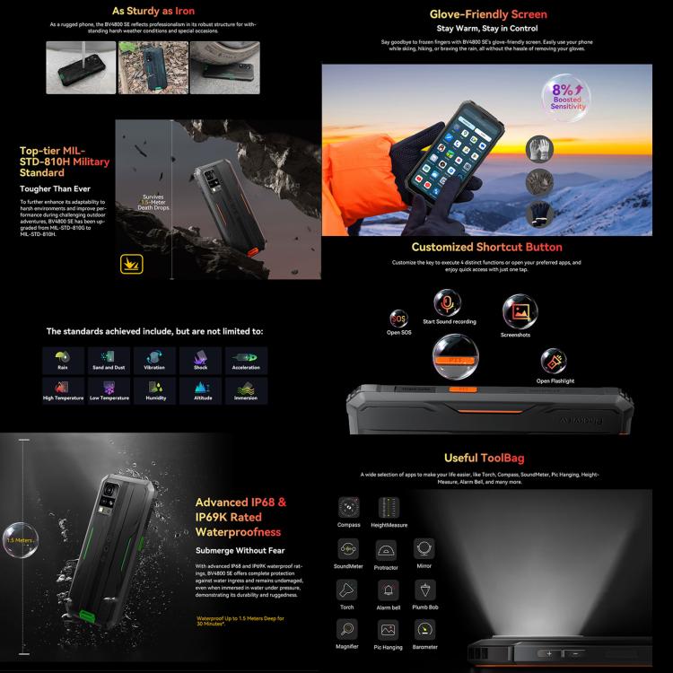 Blackview BV4800 SE Điện thoại bền, 4GB+64GB, 6.56 inch Android 15 UMS9320E T615 Octa Core, Mạng: 4G, OTG, NFC, BV4800 SE 4GB+64GB