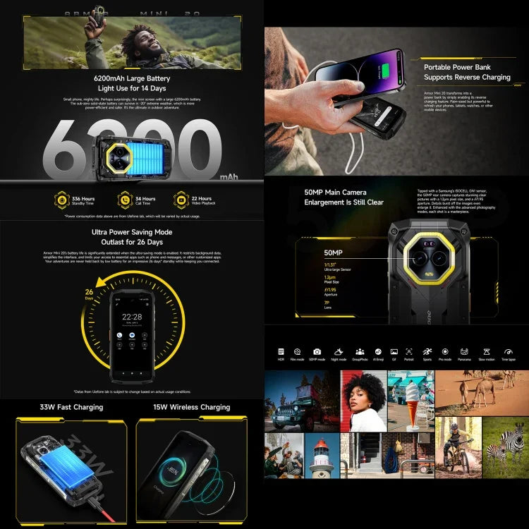 Ulefone Armor Mini 20, tầm nhìn ban đêm, 8GB+256GB, điện thoại bền IP68/IP69K, màn hình 4.7 inch Android 14 MediaTek Dimensity 6300 Octa Core, Mạng: 4G, NFC, OTG, Armor Mini 20