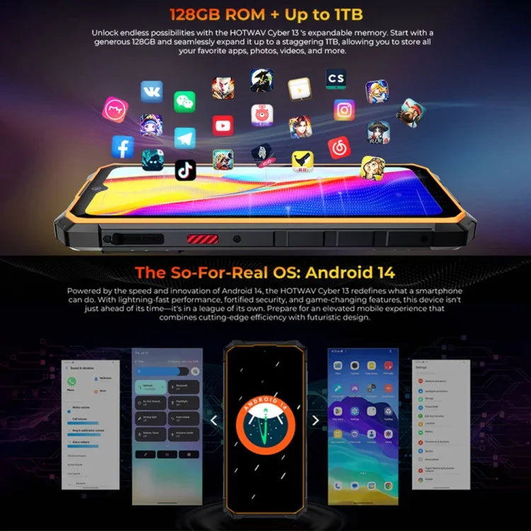 HOTWAV CYBER 13, điện thoại bền IP68/IP69K, 8GB+128GB, pin 10800mAh, màn hình 6.6 inch Android 14.0 Unisoc T606 Octa Core, Mạng: 4G, NFC, OTG