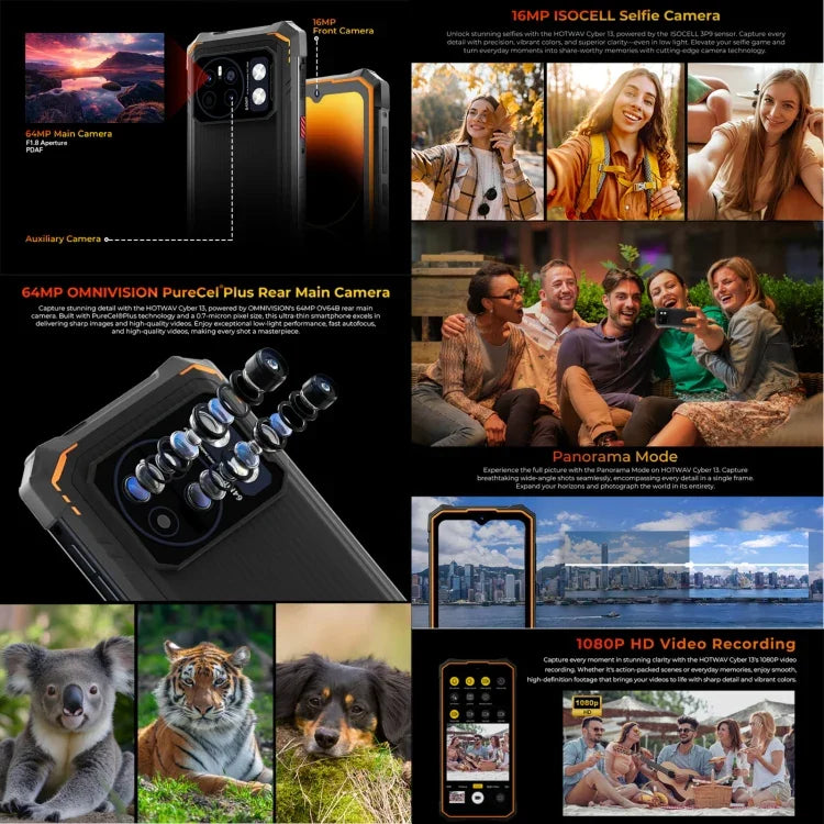 HOTWAV CYBER 13, điện thoại bền IP68/IP69K, 8GB+128GB, pin 10800mAh, màn hình 6.6 inch Android 14.0 Unisoc T606 Octa Core, Mạng: 4G, NFC, OTG