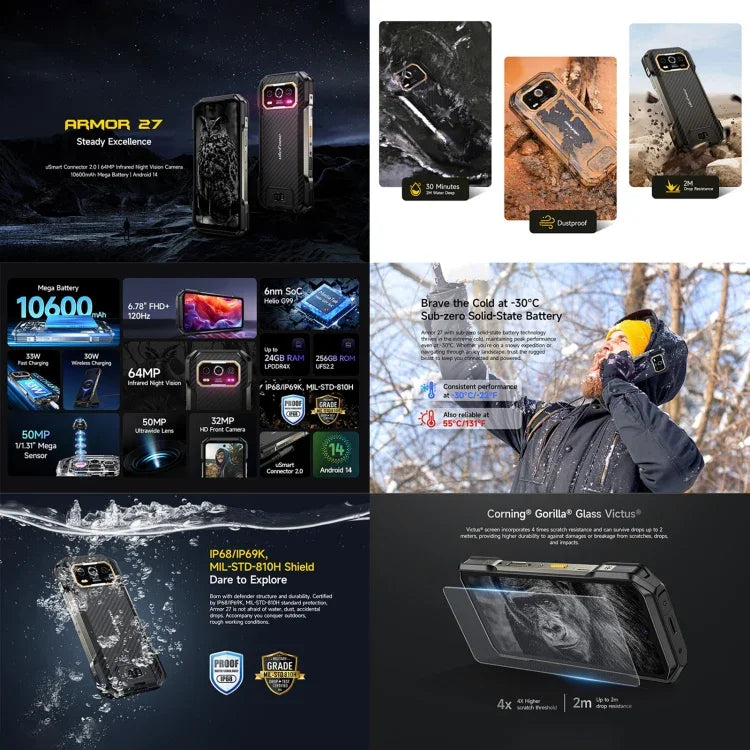 Điện thoại bền Ulefone Armor 27, 12GB+256GB, tầm nhìn ban đêm, pin 10600mAh, màn hình 6.78 inch Android 14 MediaTek Helio G99 Octa Core, Mạng: 4G, NFC, OTG, Armor 27