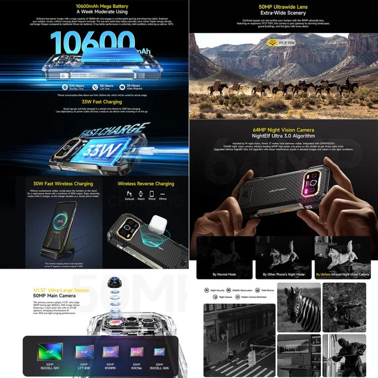 Điện thoại bền Ulefone Armor 27, 12GB+256GB, tầm nhìn ban đêm, pin 10600mAh, màn hình 6.78 inch Android 14 MediaTek Helio G99 Octa Core, Mạng: 4G, NFC, OTG, Armor 27