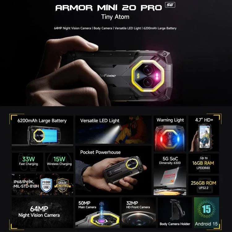 Ulefone Armor Mini 20 Pro, 8GB+256GB, điện thoại bền IP68/IP69K, màn hình 4.7 inch Android 14 MediaTek Dimensity 6300 5G Octa Core, Mạng: 5G, NFC, OTG, Armor Mini 20 Pro
