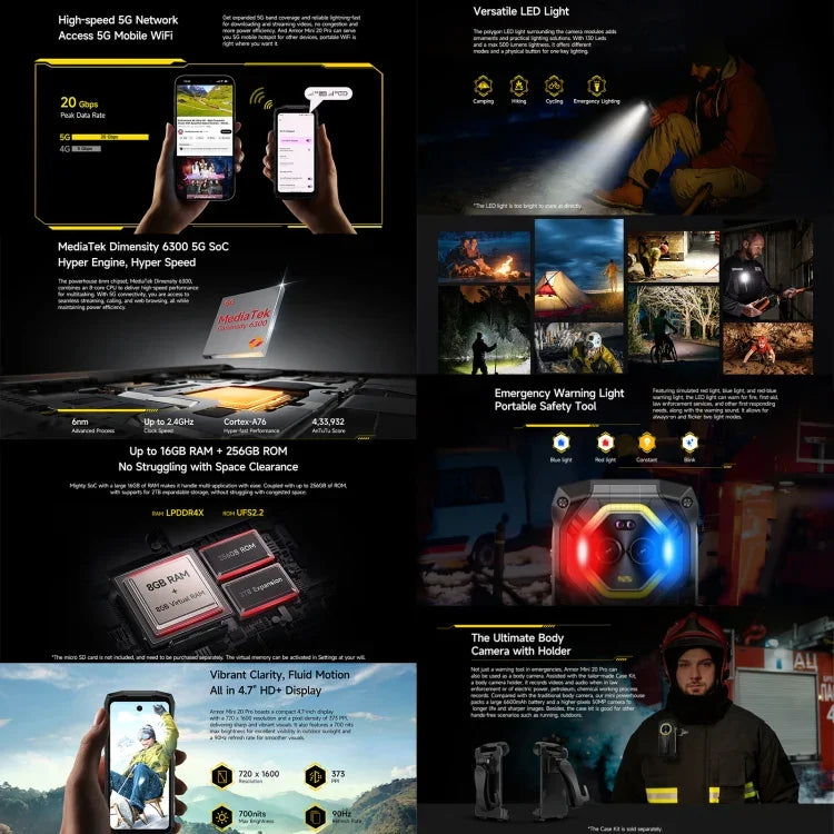 Ulefone Armor Mini 20 Pro, 8GB+256GB, điện thoại bền IP68/IP69K, màn hình 4.7 inch Android 14 MediaTek Dimensity 6300 5G Octa Core, Mạng: 5G, NFC, OTG, Armor Mini 20 Pro