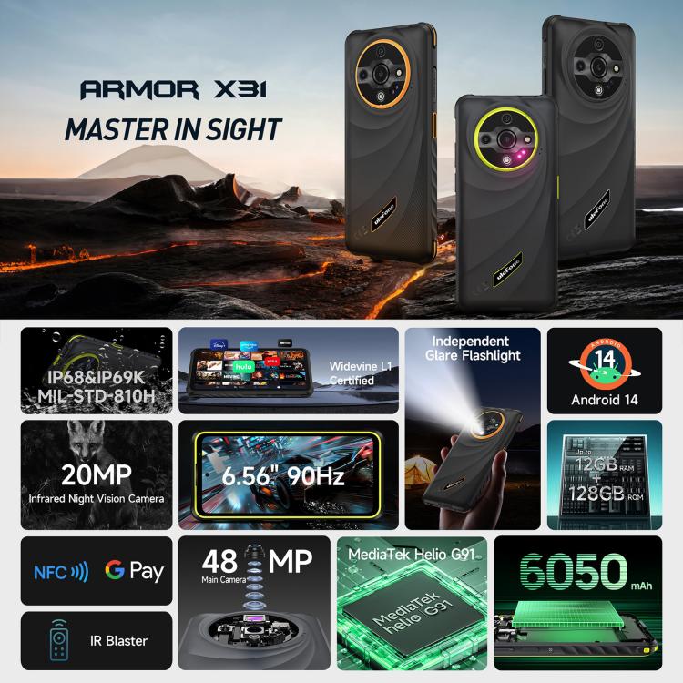 Ulefone Armor X31, 6GB+128GB, Tầm nhìn ban đêm, Điện thoại bền IP68/IP69K, 6.56 inch Android 14 MediaTek Helio G91 Octa Core, Mạng: 4G, NFC, OTG, Armor X31