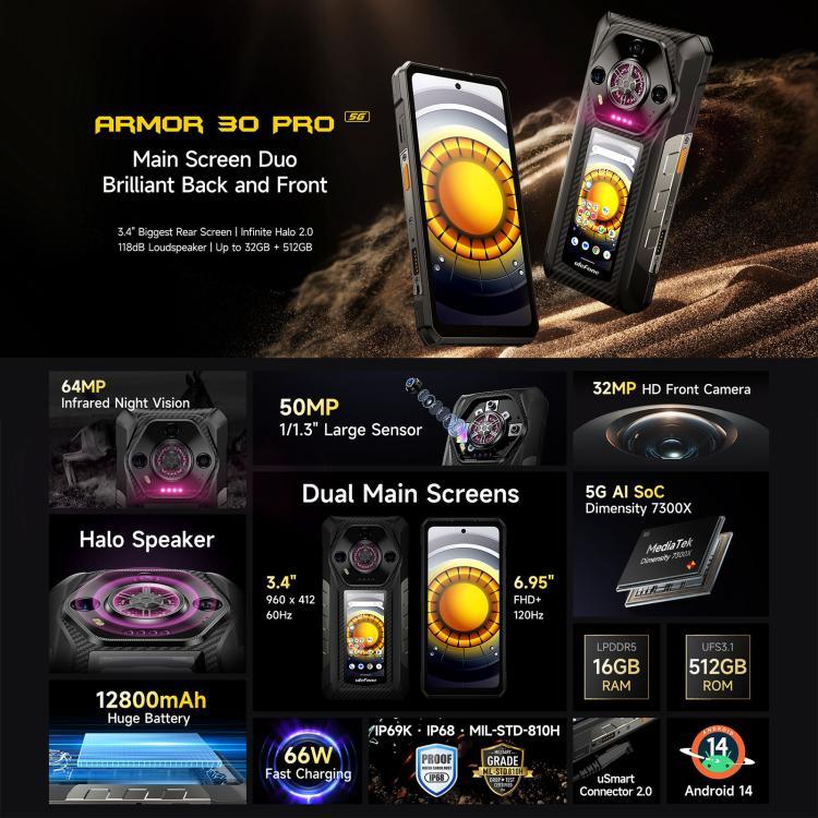 Ulefone Armor 30 Pro Điện thoại bền, 16GB+512GB, Tầm nhìn ban đêm, Màn hình kép 6.95 inch + 3.4 inch Android 14 MediaTek Dimensity 7300X Octa Core, Mạng: 5G, OTG, NFC, Armor 30 Pro