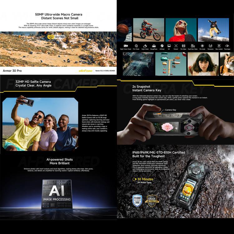 Ulefone Armor 30 Pro Điện thoại bền, 16GB+512GB, Tầm nhìn ban đêm, Màn hình kép 6.95 inch + 3.4 inch Android 14 MediaTek Dimensity 7300X Octa Core, Mạng: 5G, OTG, NFC, Armor 30 Pro