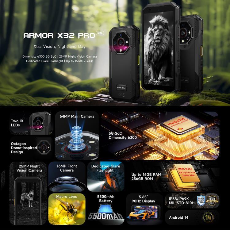 Ulefone Armor X32 Pro 5G, 8GB+256GB, Tầm nhìn ban đêm, Điện thoại bền IP68/IP69K, 5.65 inch Android 14 MediaTek Dimensity 6300 Octa Core, Mạng: 5G, NFC, OTG, Armor X32 Pro 5G
