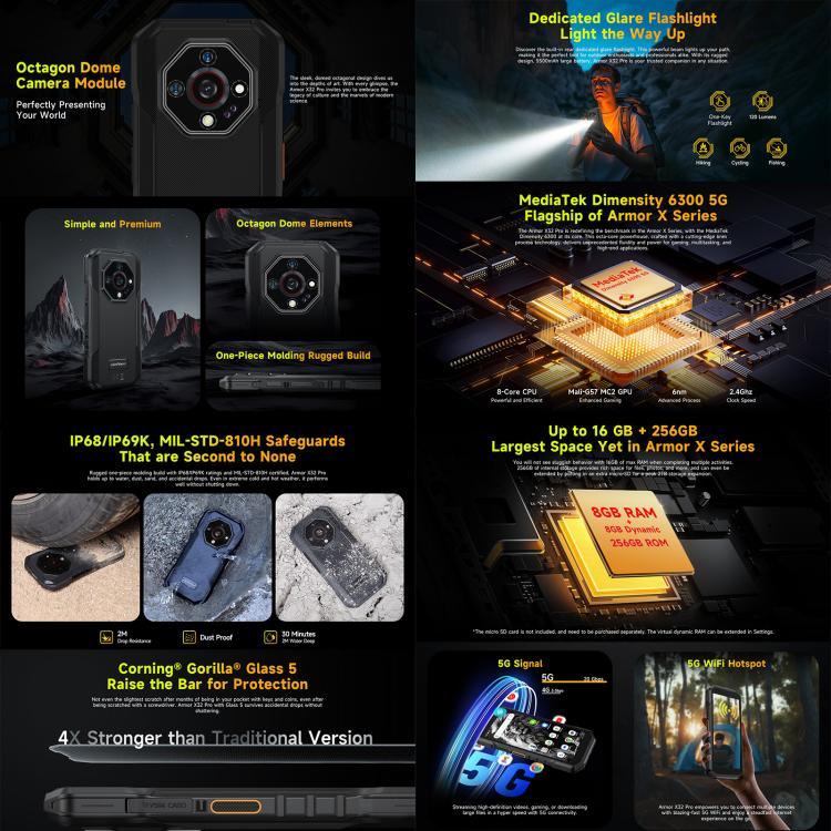 Ulefone Armor X32 Pro 5G, 8GB+256GB, Tầm nhìn ban đêm, Điện thoại bền IP68/IP69K, 5.65 inch Android 14 MediaTek Dimensity 6300 Octa Core, Mạng: 5G, NFC, OTG, Armor X32 Pro 5G