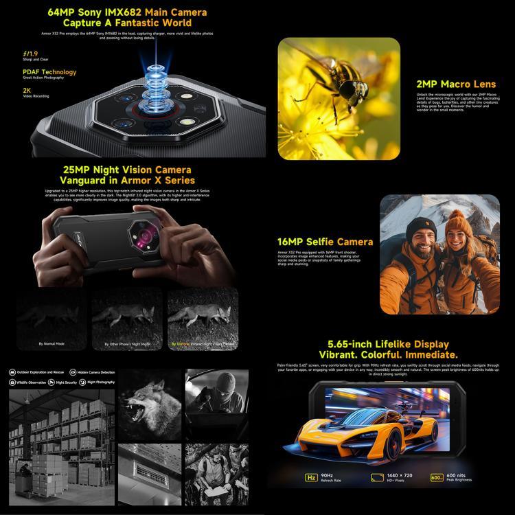 Ulefone Armor X32 Pro 5G, 8GB+256GB, Tầm nhìn ban đêm, Điện thoại bền IP68/IP69K, 5.65 inch Android 14 MediaTek Dimensity 6300 Octa Core, Mạng: 5G, NFC, OTG, Armor X32 Pro 5G