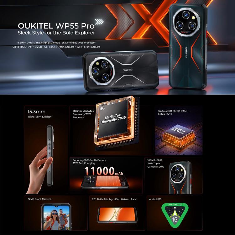 Điện thoại bền bỉ Oukitel WP55 Pro 5G, 16GB+512GB, Camera 108MP, Cảm biến vân tay, Màn hình 6.6 inch Android 15 MediaTek Dimensity 7025 Octa Core, NFC, OTG, Mạng: 5G, WP55 Pro