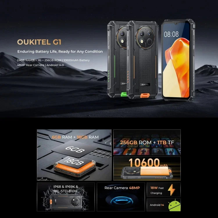 Điện thoại bền Oukitel G1, 6GB+256GB, nhận diện vân tay, màn hình 6.52 inch Android 14 T606 Octa Core, NFC, OTG, Mạng: 4G